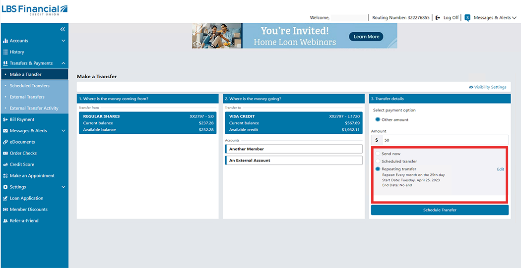 Image of LBS Financial's Online Banking Make a Transfer page. Where is the Money Coming From: Savings account selected. Where is the Money Going to: Visa Credit selected. Payment entered of $50 and Repeating Transfer selected.