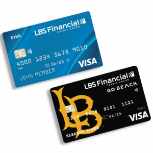 Blue Standard LBS Financial Visa Debit Card and Black CSULB Go Beach Visa Debit Card