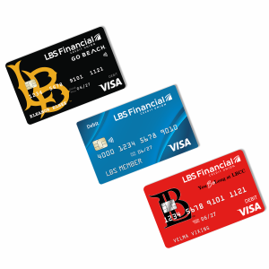 Blue Standard LBS Financial Visa Debit Card and Black CSULB Go Beach Visa Debit Card