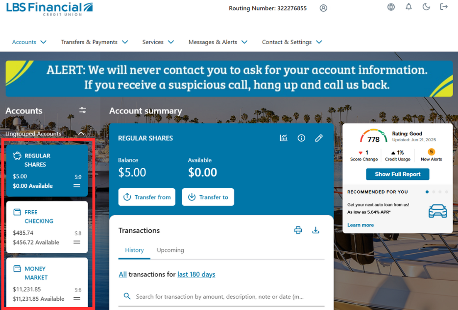 Screenshot of Online Banking main dashboard with accounts marked on the right side